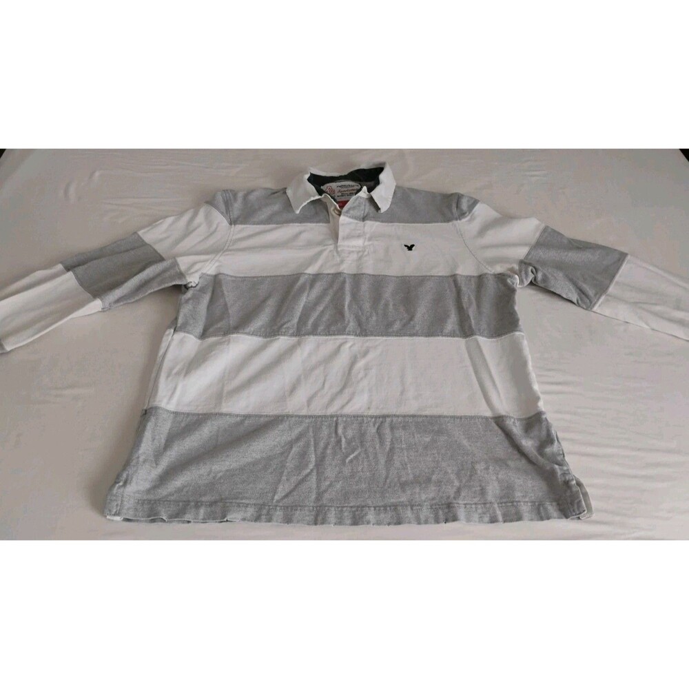 Vintage American Eagle Striped Color Block Rugby Polo Shirt Y2K Grey Sz L GC